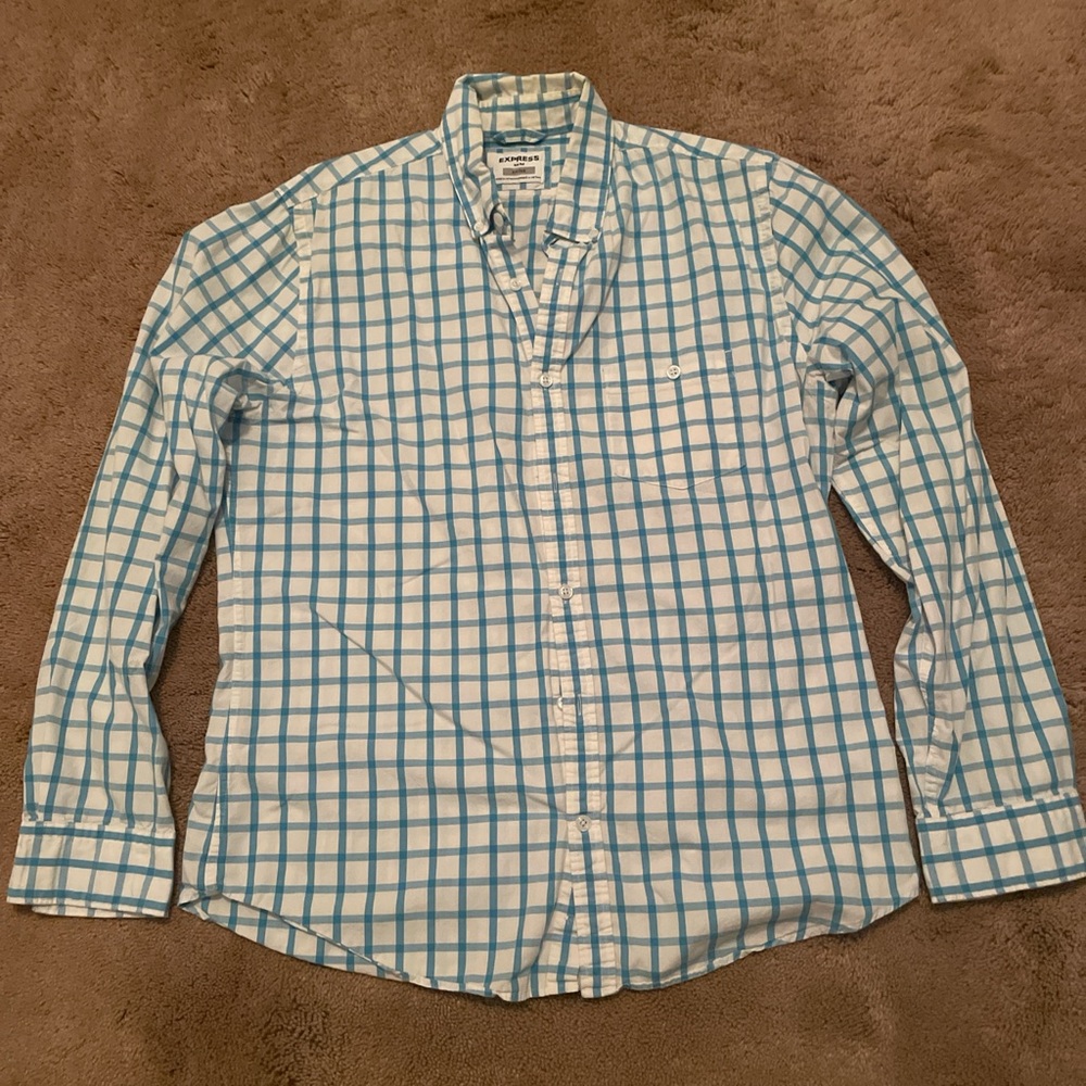 Express Men's Soft Wash Blue and White Plaid Shirt